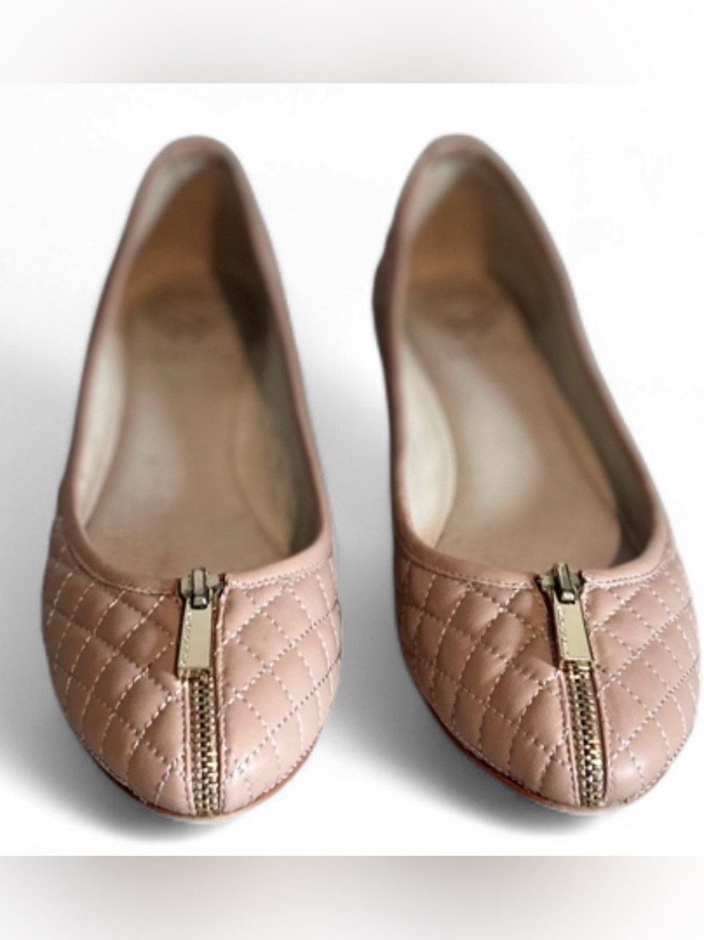 Vince Camuto Minndy Blush Quilted Leather Ballet Flats with Gold Zipper 10